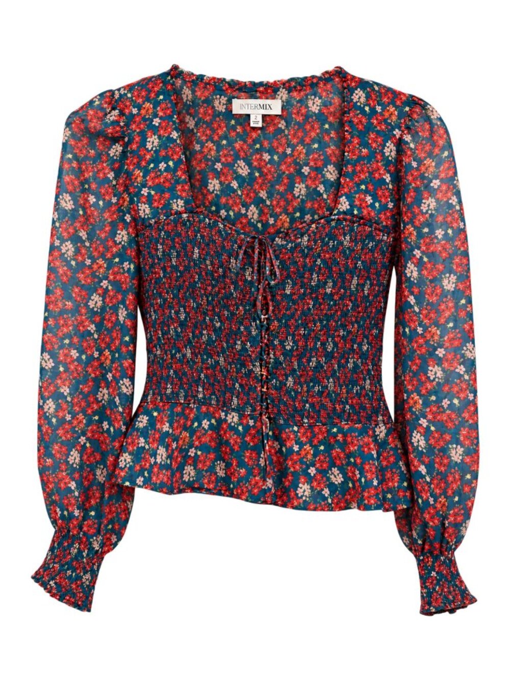 INTERMIX Navy and Red Floral Smocked Peplum Blouse